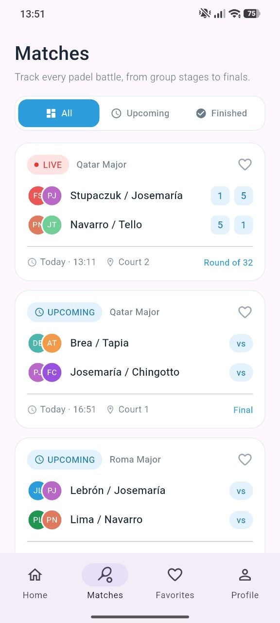 1x Padel Tracker home screen